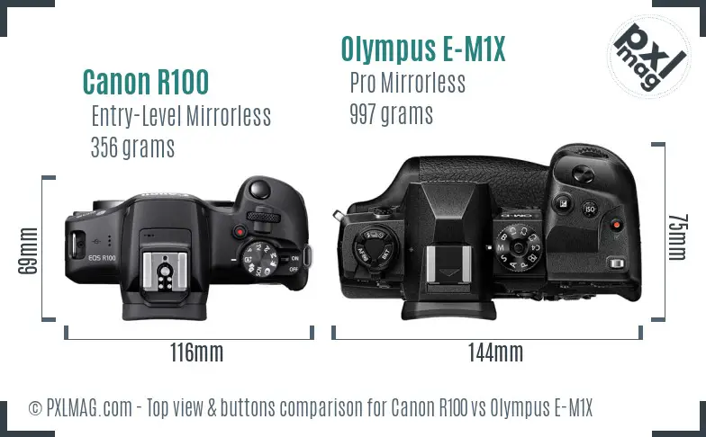 Canon R100 vs Olympus E-M1X top view buttons comparison