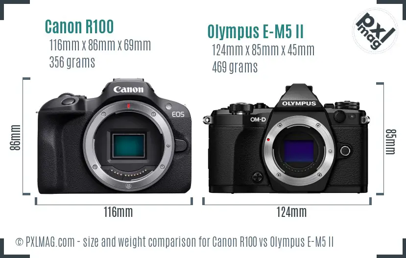 Canon R100 vs Olympus E-M5 II size comparison