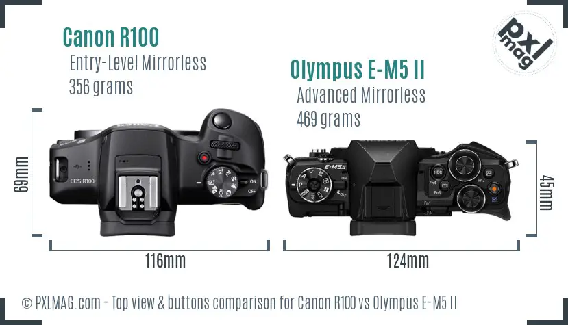 Canon R100 vs Olympus E-M5 II top view buttons comparison