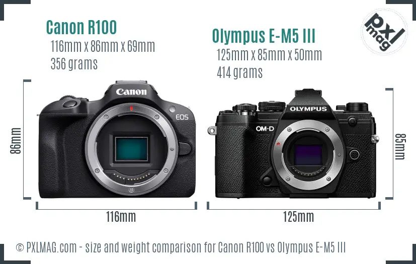 Canon R100 vs Olympus E-M5 III size comparison Canon R100 vs Olympus E-M5 III size comparison