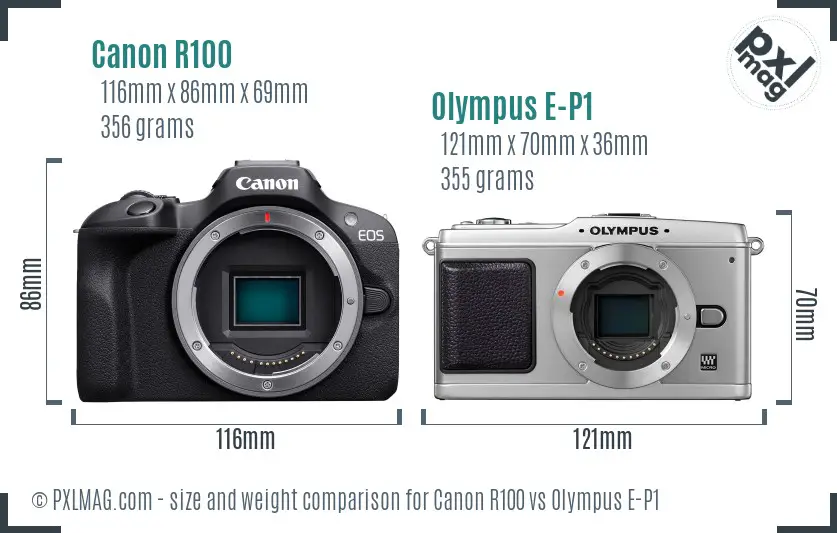 Canon R100 vs Olympus E-P1 size comparison