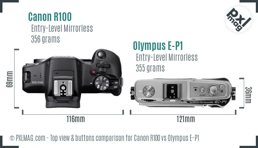 Canon R100 vs Olympus E-P1 top view buttons comparison