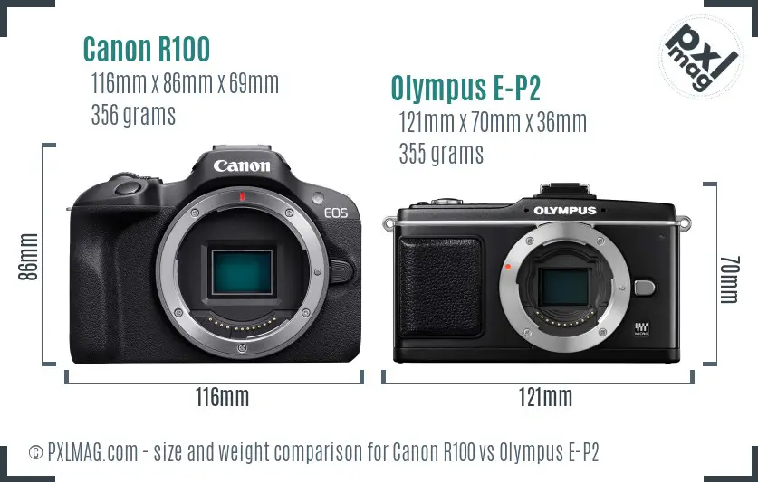 Canon R100 vs Olympus E-P2 size comparison