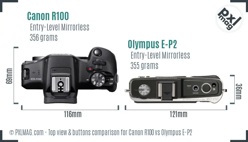 Canon R100 vs Olympus E-P2 top view buttons comparison