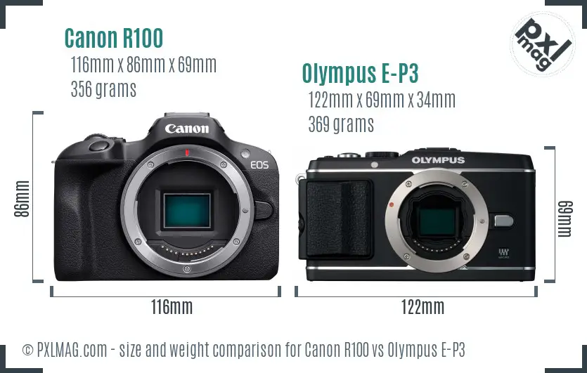 Canon R100 vs Olympus E-P3 size comparison Canon R100 vs Olympus E-P3 size comparison