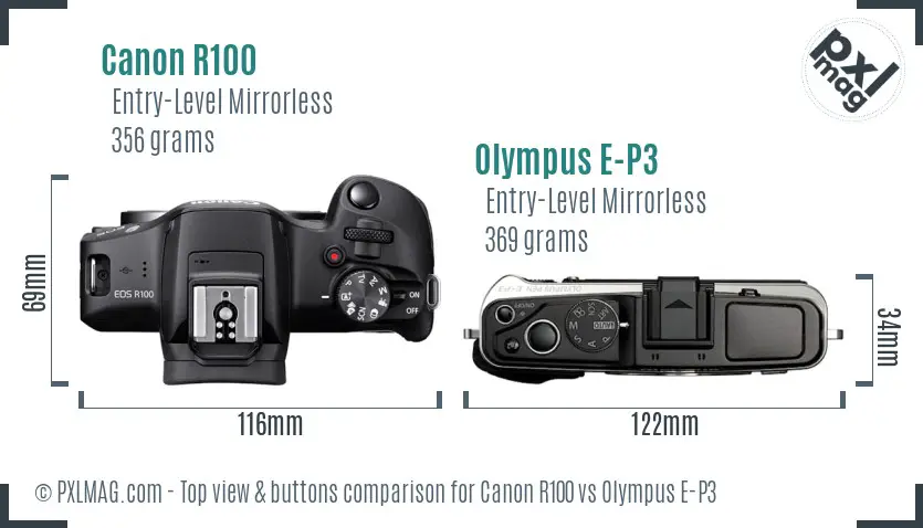 Canon R100 vs Olympus E-P3 top view buttons comparison Canon R100 vs Olympus E-P3 top view buttons comparison