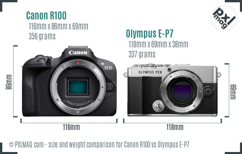 Canon R100 vs Olympus E-P7 size comparison