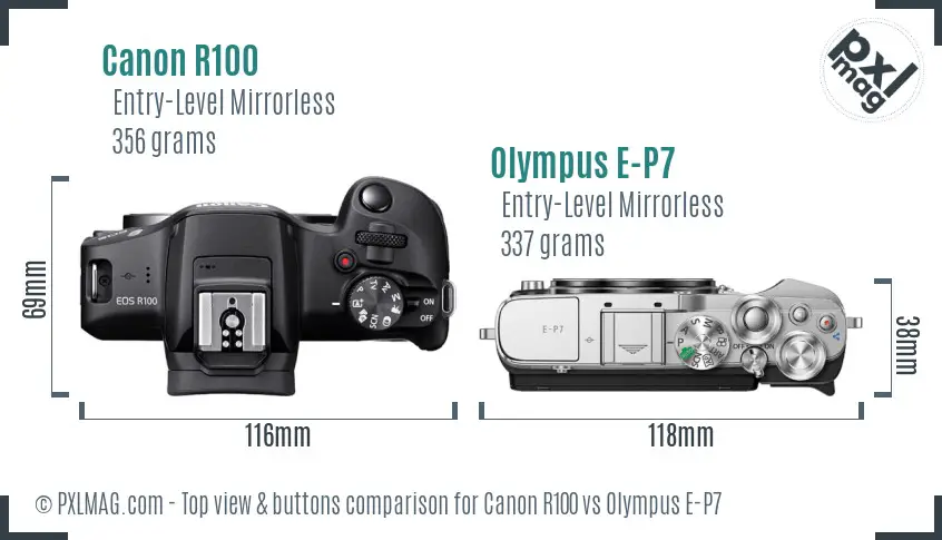 Canon R100 vs Olympus E-P7 top view buttons comparison