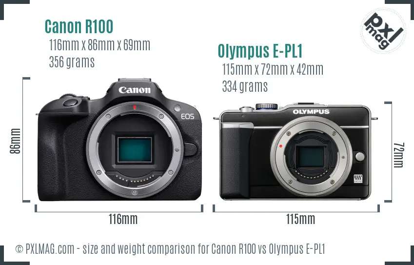 Canon R100 vs Olympus E-PL1 size comparison