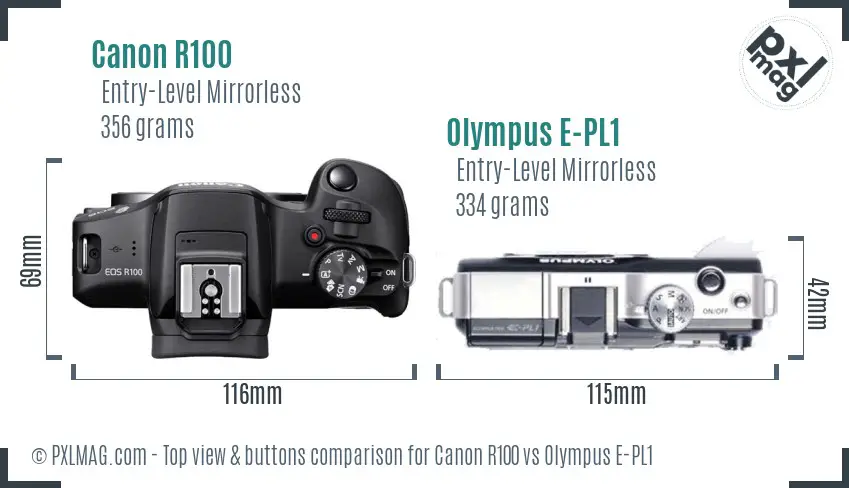 Canon R100 vs Olympus E-PL1 top view buttons comparison