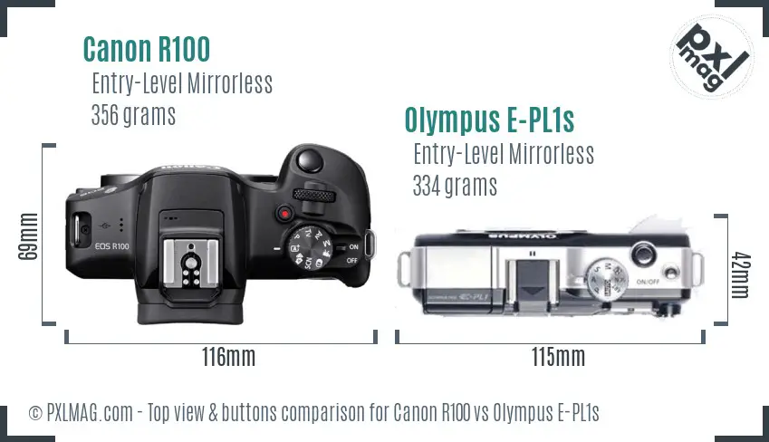 Canon R100 vs Olympus E-PL1s top view buttons comparison