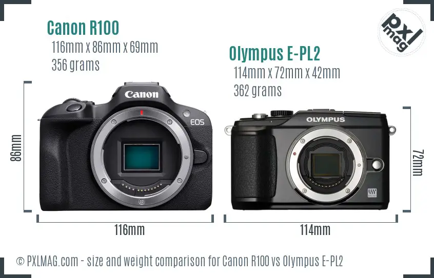 Canon R100 vs Olympus E-PL2 size comparison