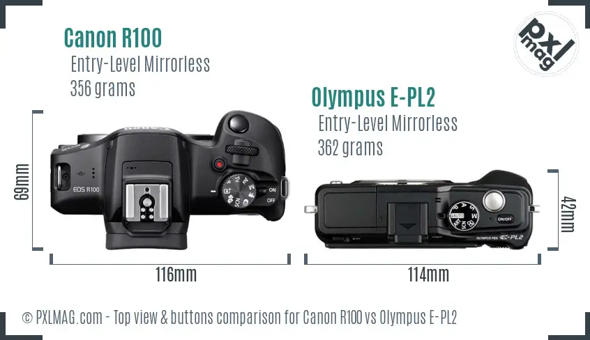 Canon R100 vs Olympus E-PL2 top view buttons comparison