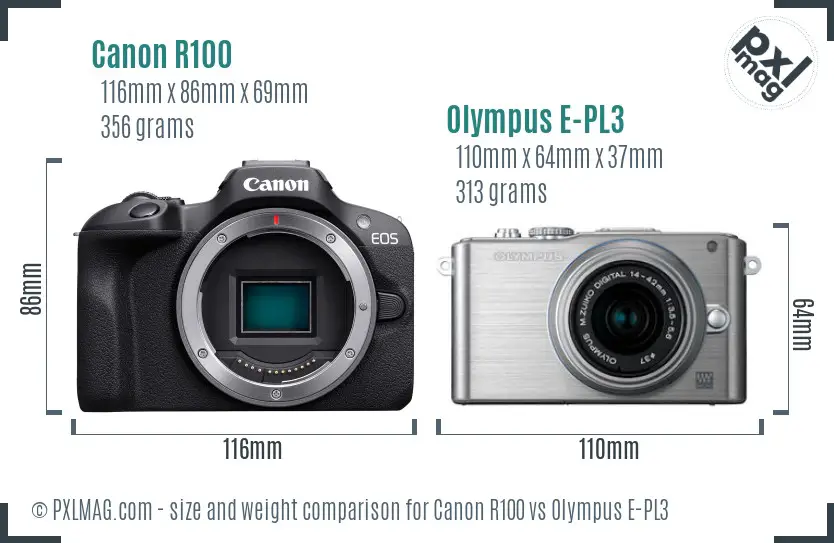 Canon R100 vs Olympus E-PL3 size comparison Canon R100 vs Olympus E-PL3 size comparison