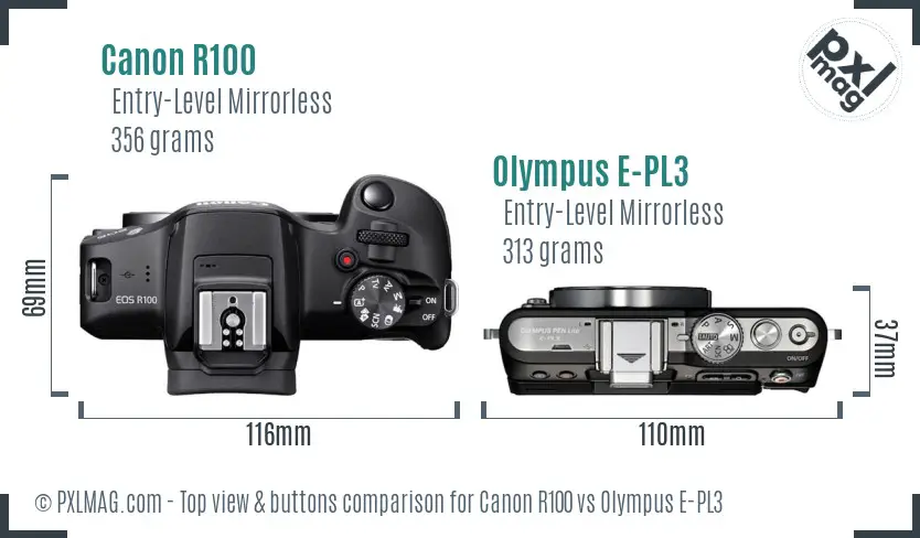 Canon R100 vs Olympus E-PL3 top view buttons comparison Canon R100 vs Olympus E-PL3 top view buttons comparison