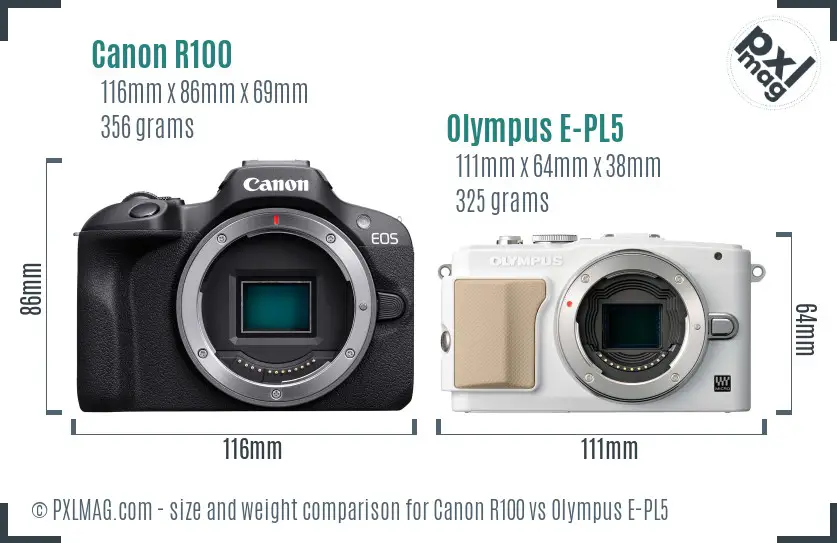 Canon R100 vs Olympus E-PL5 size comparison