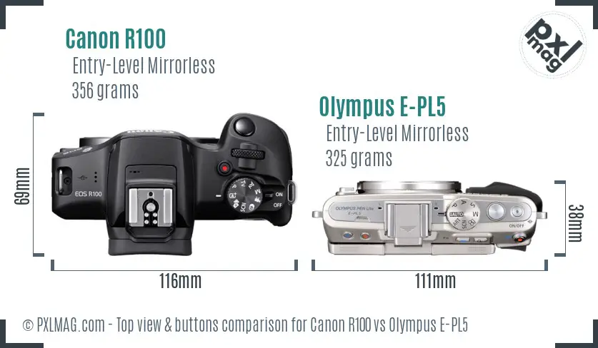 Canon R100 vs Olympus E-PL5 top view buttons comparison