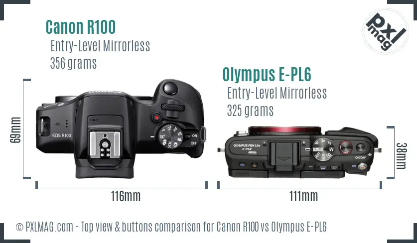 Canon R100 vs Olympus E-PL6 top view buttons comparison Canon R100 vs Olympus E-PL6 top view buttons comparison