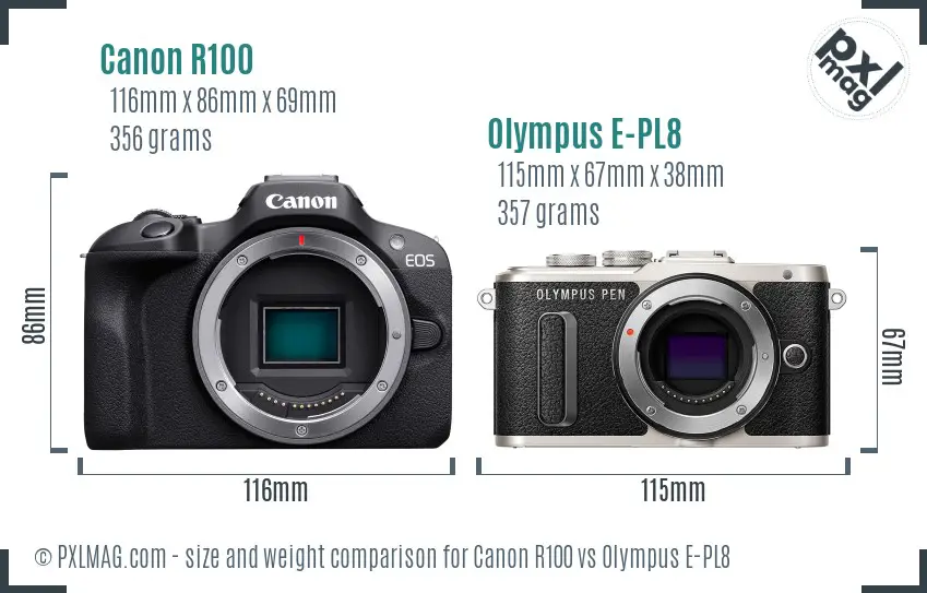 Canon R100 vs Olympus E-PL8 size comparison