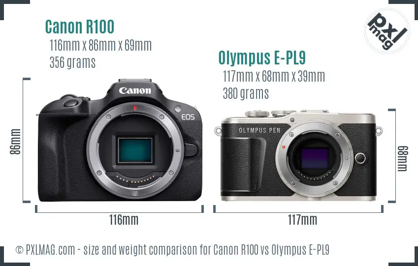 Canon R100 vs Olympus E-PL9 size comparison