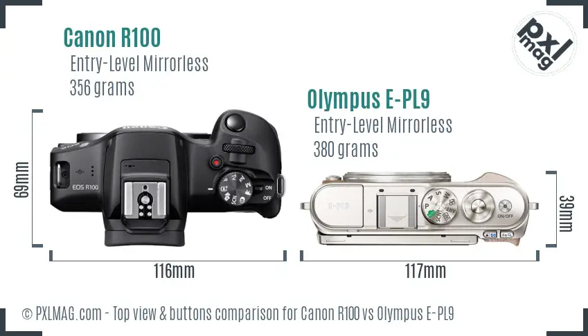 Canon R100 vs Olympus E-PL9 top view buttons comparison