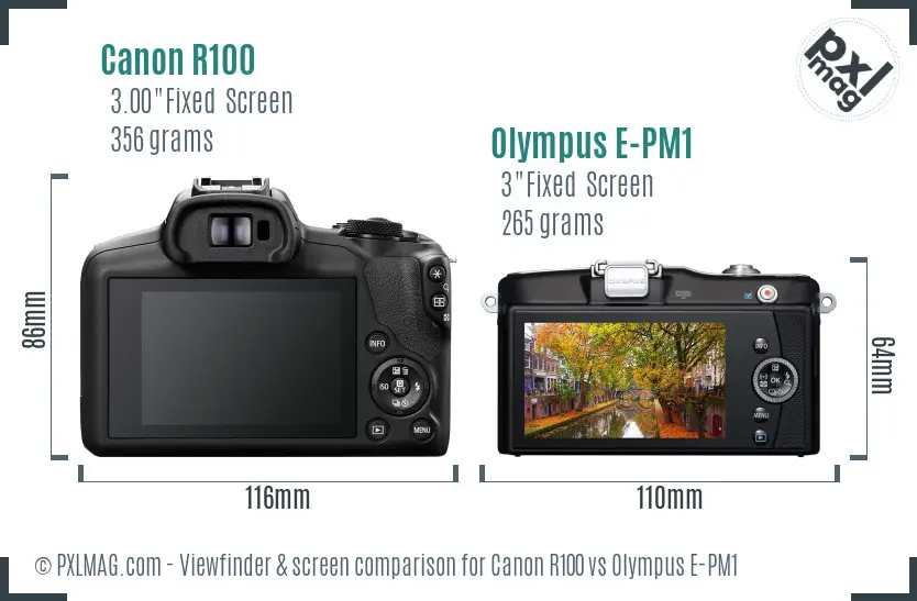 Canon R100 vs Olympus E-PM1 Screen and Viewfinder comparison