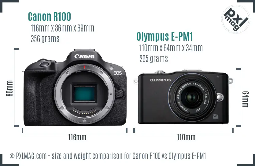 Canon R100 vs Olympus E-PM1 size comparison