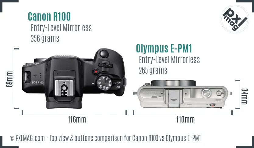 Canon R100 vs Olympus E-PM1 top view buttons comparison