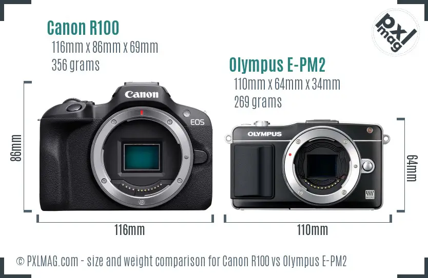 Canon R100 vs Olympus E-PM2 size comparison