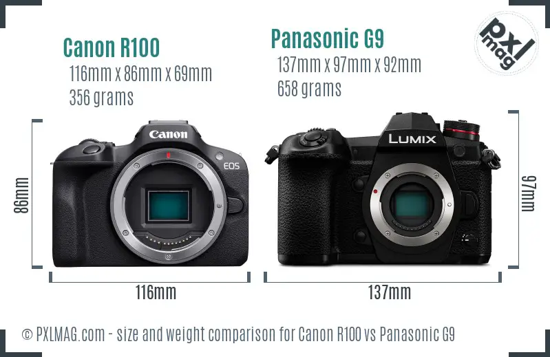 Canon R100 vs Panasonic G9 size comparison