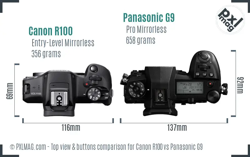 Canon R100 vs Panasonic G9 top view buttons comparison