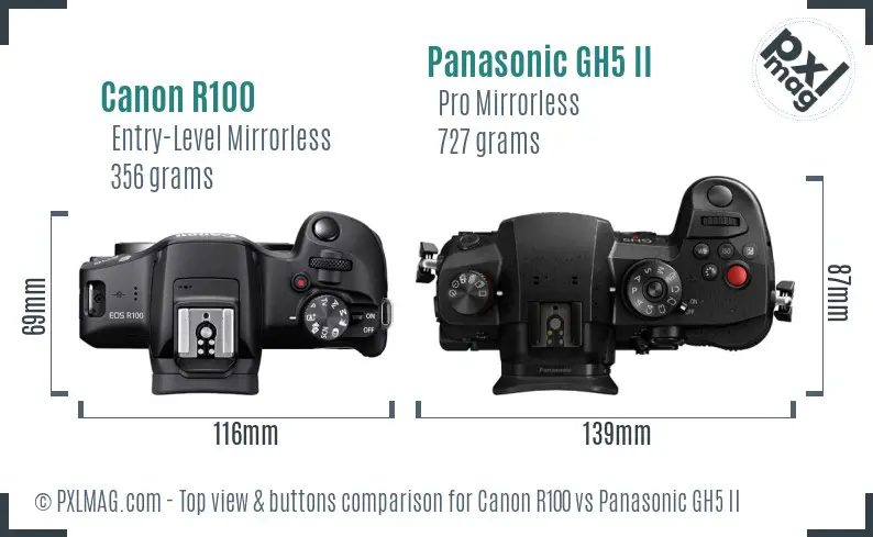Canon R100 vs Panasonic GH5 II top view buttons comparison Canon R100 vs Panasonic GH5 II top view buttons comparison