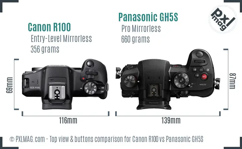 Canon R100 vs Panasonic GH5S top view buttons comparison