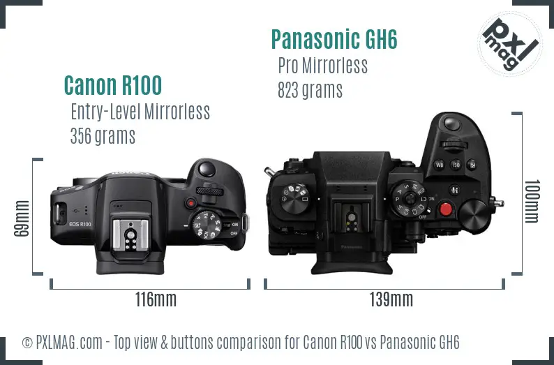 Canon R100 vs Panasonic GH6 top view buttons comparison Canon R100 vs Panasonic GH6 top view buttons comparison