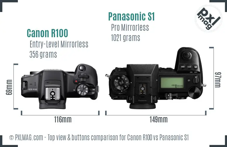 Canon R100 vs Panasonic S1 top view buttons comparison