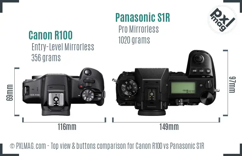 Canon R100 vs Panasonic S1R top view buttons comparison