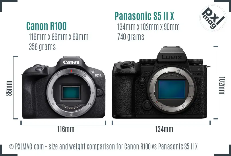 Canon R100 vs Panasonic S5 II X size comparison
