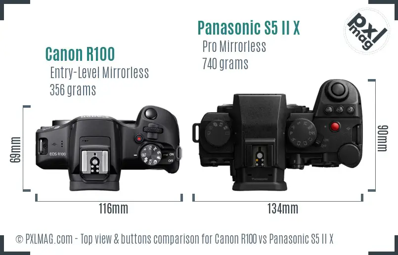 Canon R100 vs Panasonic S5 II X top view buttons comparison