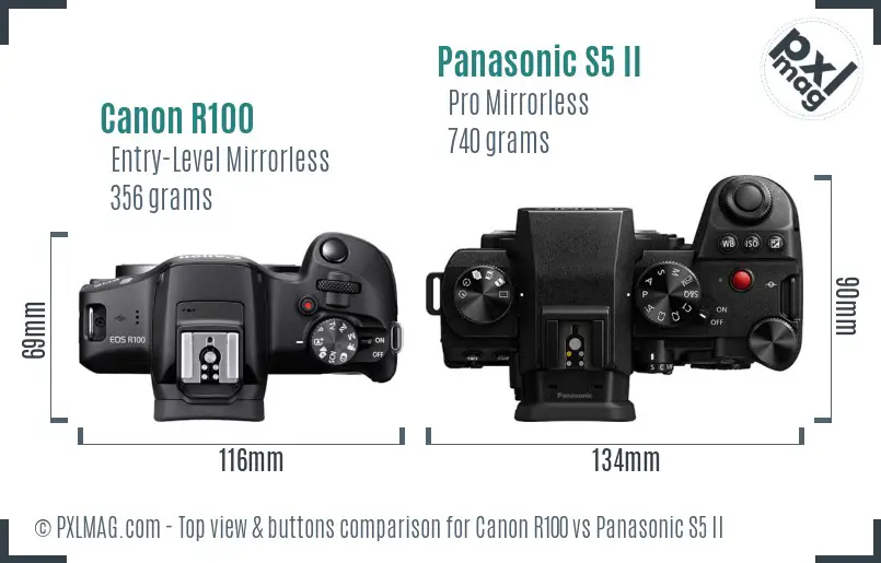 Canon R100 vs Panasonic S5 II top view buttons comparison