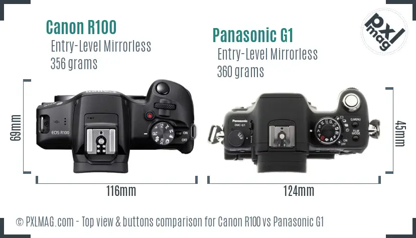 Canon R100 vs Panasonic G1 top view buttons comparison Canon R100 vs Panasonic G1 top view buttons comparison