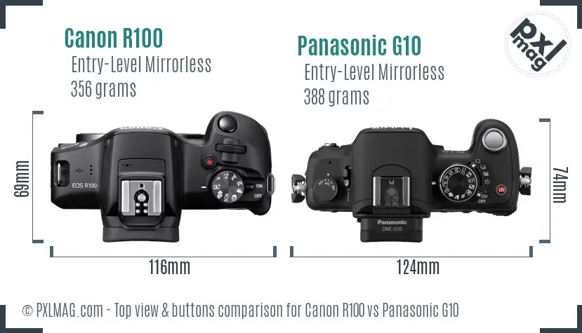 Canon R100 vs Panasonic G10 top view buttons comparison