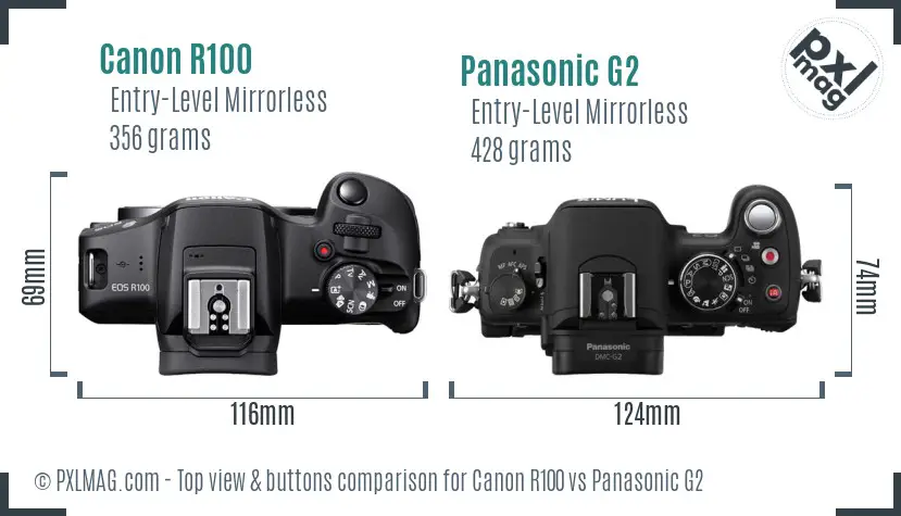 Canon R100 vs Panasonic G2 top view buttons comparison Canon R100 vs Panasonic G2 top view buttons comparison