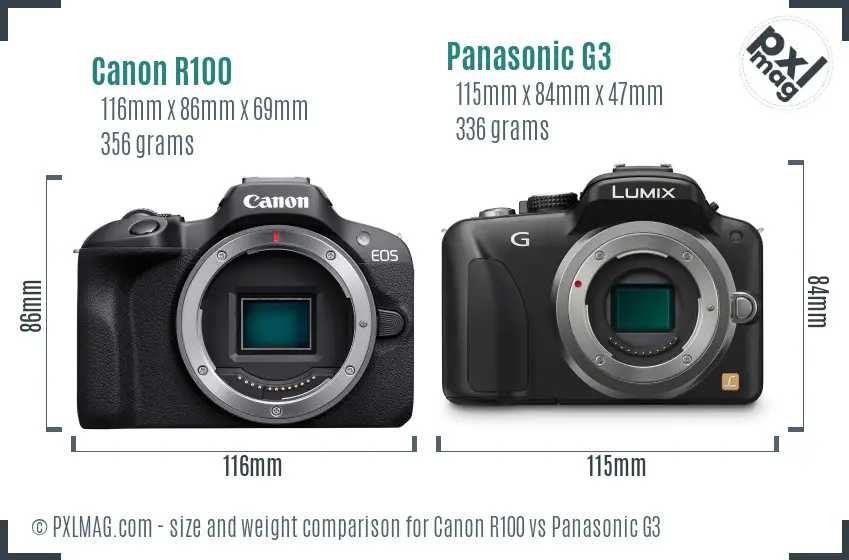 Canon R100 vs Panasonic G3 size comparison