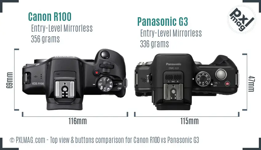 Canon R100 vs Panasonic G3 top view buttons comparison