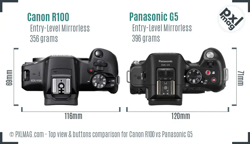 Canon R100 vs Panasonic G5 top view buttons comparison