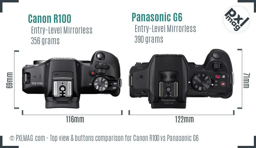 Canon R100 vs Panasonic G6 top view buttons comparison