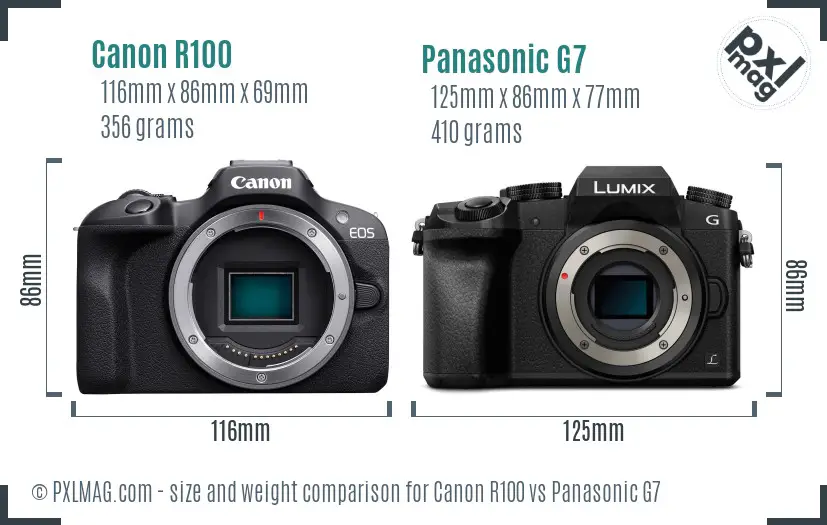 Canon R100 vs Panasonic G7 size comparison