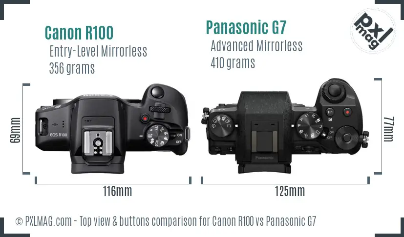 Canon R100 vs Panasonic G7 top view buttons comparison