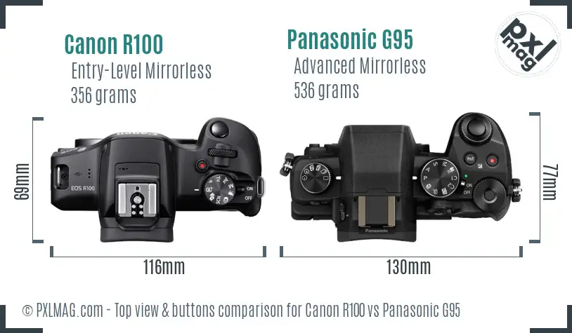 Canon R100 vs Panasonic G95 top view buttons comparison Canon R100 vs Panasonic G95 top view buttons comparison