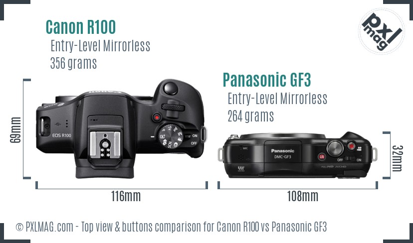 Canon R100 vs Panasonic GF3 top view buttons comparison